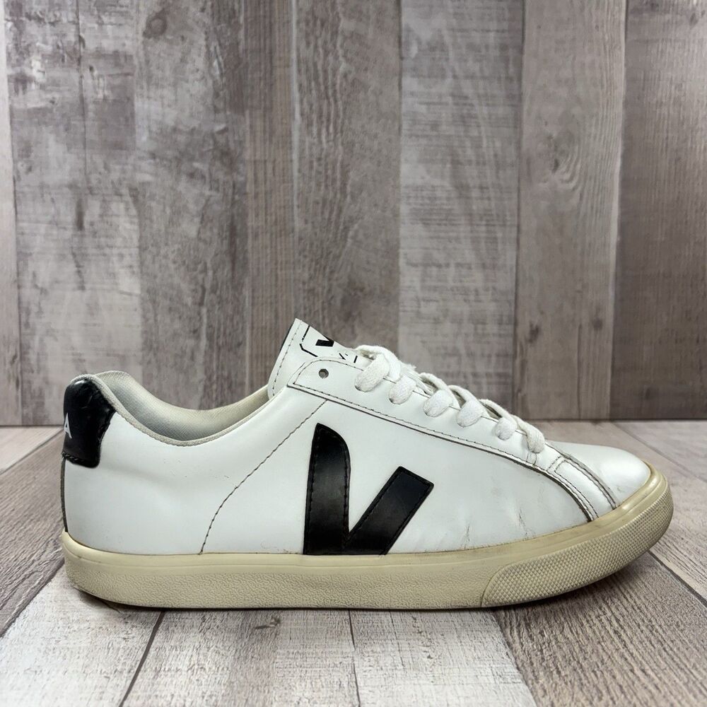 Veja White Leather Sneakers with Black V Logo - Picture 7 of 15